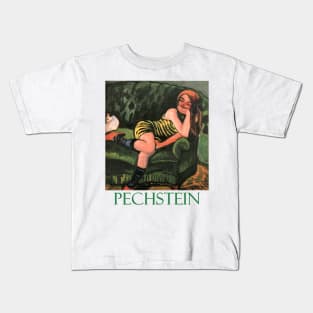 Girl on a Green Sofa with a Cat by Max Pechstein Kids T-Shirt